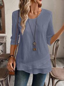 EMERY ROSE 大码不对称下摆绿色乡村衬衫秋装 - 藍色 - 查看 3