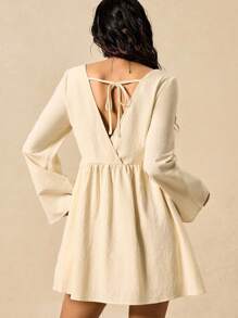 Easelle 女式春夏波西米亚风格花卉刺绣图案系带长袖连衣裙 - 米色 - 查看 4