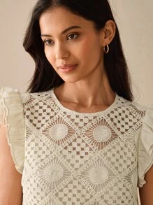 Lilora 女士优雅荷叶边针织拼布上衣，适合工作，都市风格荷叶袖刺绣上衣，都市休闲，浪漫优雅，外出 - 杏色 - 查看 3