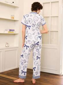 Chillnights Conjunto de pijama informal para mujer con cuello a rayas de contraste, lazo y motivo de conchas marinas