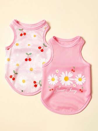 PETSIN 2 piezas Chaleco casual y cómodo para mascotas (perros y gatos) con estampado rosa de margaritas lindo y transpirable