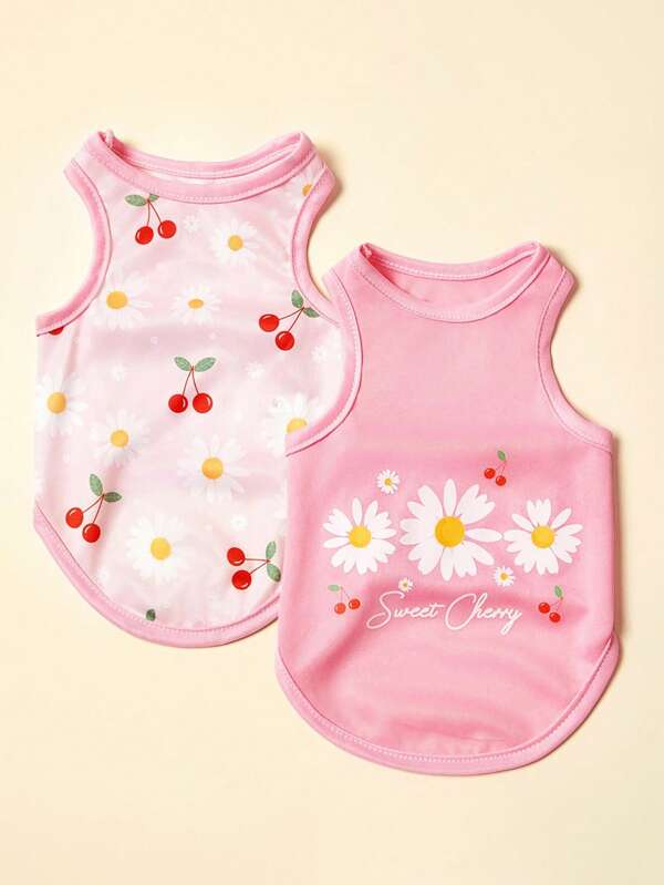 PETSIN 2 piezas Chaleco casual y cómodo para mascotas (perros y gatos) con estampado rosa de margaritas lindo y transpirable