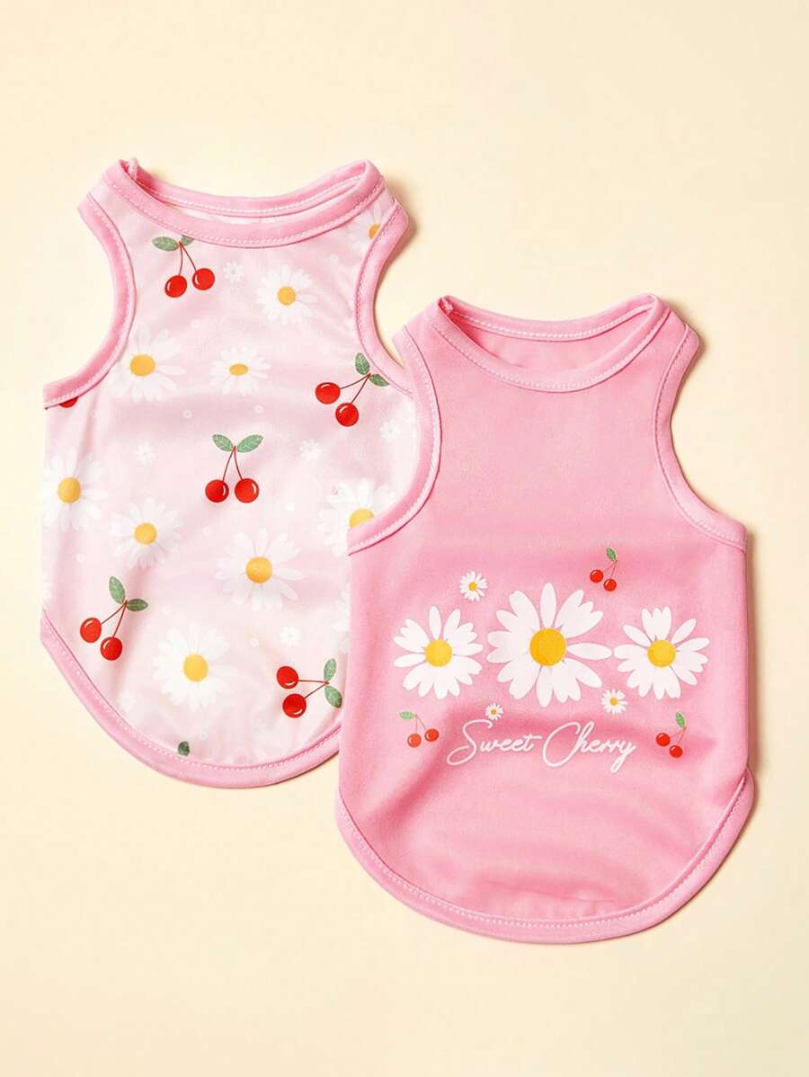 PETSIN 2pc Pet Cat Dog Universal Pink Daisy Cute Print Casual Comfortable Breathable Dog Vest - Multicolor - View 1