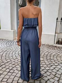 Siren Gaze Herbst 2025 Neu! Frauen Herbstkleidung im Stil von "Old Money" - Business Lässig Blaue Denim Bandeau Jumpsuit mit Rüschen-Saum an den Schultern, Lehrerin Outfits für Frauen Rückkehr zur Schule Arbeitsweg Alltags-Tragen Jumpsuit, Lässiger Jumpsuit mit langem Rüschensaum für Büro & Alltag - marineblau - Übersicht 7