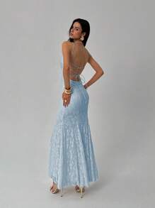 Aloruh 女士春夏季假日和婚礼季节纯色后背交叉蕾丝边鱼尾裙 - 淺藍色 - 查看 2
