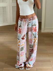 Aloruh 女士秋季花卉印花系腰阔腿裤，度假装夏季海滩度假装 - 彩色 - 查看 4
