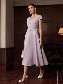 ZEYLAH 短袖束腰长款优雅秋冬连衣裙 - 紫色 - 查看 4