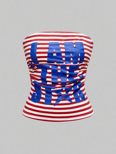 J-Fashion Y2K Slogan & Star Print Waist Ruched Bandeau Top For Women