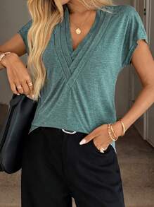 SHEIN LUNE Solid V Neck Batwing Sleeve Tee - Army Green - View 3