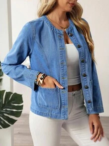 EMERY ROSE 女士圆领长袖单排扣休闲口袋牛仔夹克 - 藍色 - 查看 5