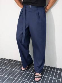 Manfinity Roghcode 男士黑色高腰百褶阔腿裤，腰带装饰，时尚百搭款式男士阔腿裤男士高腰裤海军蓝裤子男士束腰裤男士百褶裤，秋季 - 藏蓝色 - 查看 3