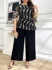 Ellevyn 两件套刺绣网眼上衣和裤子套装，优雅大码工作服