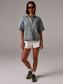 Athîral 女士水洗牛仔短袖外套，复古风，商务休闲女装，教师款，老钱风格，秋季服饰 - 淺色水洗藍 - 查看 4