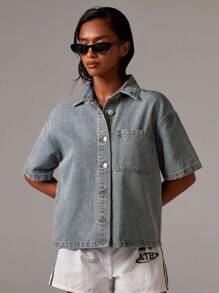 Athîral 女士水洗牛仔短袖外套，复古风，商务休闲女装，教师款，老钱风格，秋季服饰 - 淺色水洗藍 - 查看 1