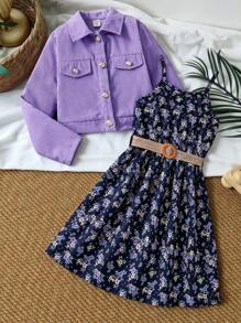 SHEIN Vintaside Kids Conjunto de 2 peças para meninas pré-adolescentes: jaqueta de cor sólida e vestido floral ditsy, primavera outono