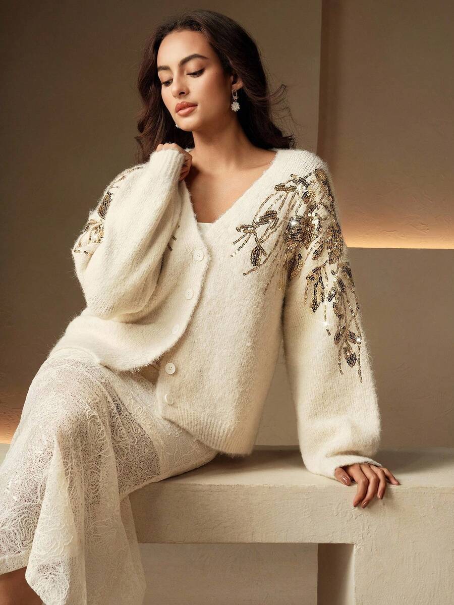 Anewsta 女士刺绣亮片灯笼袖针织开衫，秋冬 - 杏色 - 查看 1