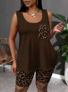 Slaydiva 休闲豹纹口袋圆领无袖宽松背心和紧身打底裤两件套，适合夏季，加大码两件套休闲套装女棕色豹纹套装适合外出秋装 - 棕色 - 查看 2