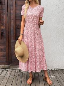 SHEIN LUNE 女式夏季假日碎花圆领短袖连衣裙 - 粉色 - 查看 9