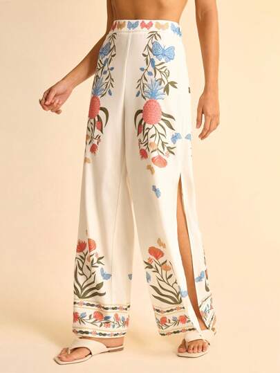 CAJUNI Women's High Waist Floral Print Side Split Wide Leg Pants, Suitable For Vacation-Boho Women Clothing/Western Clothes For Women/Graphic/Casual Woman