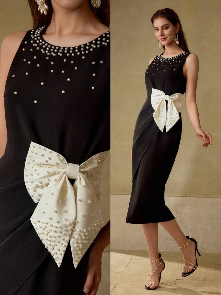 ROBE MIDI FENDUE À LA CUISSE AVEC NŒUD CONTRASTANT ET DÉTAILS DE FAUX PERLES