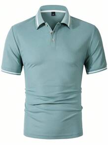 Calvornis 男士休闲撞色短袖Polo衫，夏季款，浅灰绿色面料搭配白色条纹纹理衣领，清新又不失沉稳。面料柔软透气，舒适优质，商务正装风格，复古时尚 - 綠色 - 查看 4