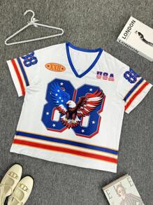 INAWLY Solva Camiseta larga de talla grande, holgada, con cuello en V y mangas cortas, con estampado digital - Multicolor - Ver 1