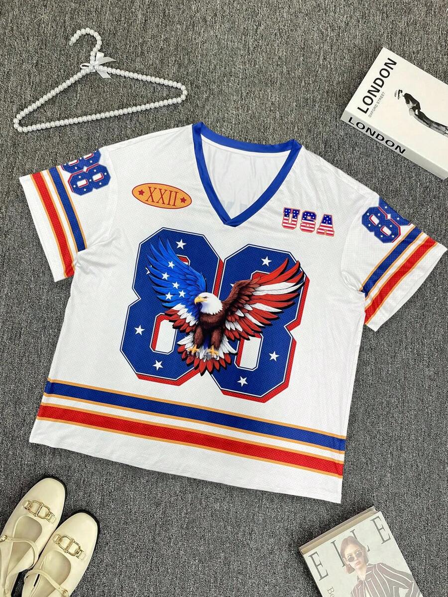 INAWLY Solva Camiseta larga de talla grande, holgada, con cuello en V y mangas cortas, con estampado digital - Multicolor - Ver 1