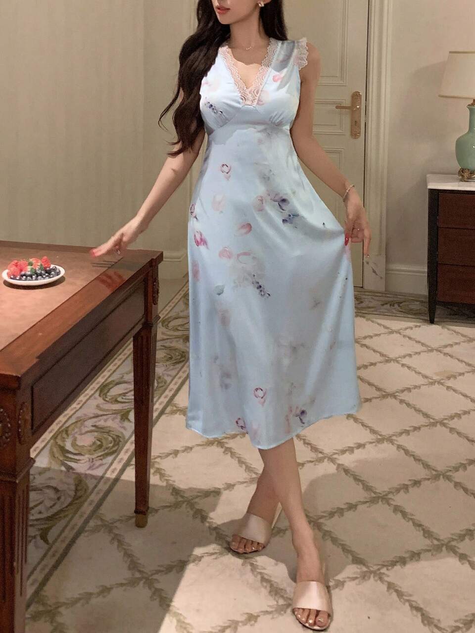 Women's Romantic Tie-Dye Floral Print Lace Trim V-Neck Sleeveless Nightdress Pajama