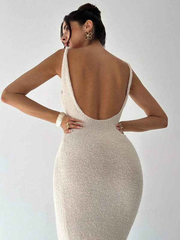 Firerie Robe longue en tricot coupe slim ajustée, à col en V profond et dos nu, couleur abricot, robe pull pour le printemps/été, robe de vacances sexy