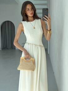 Aloruh Women's Casual Sleeveless Contrast Lace And Sequins Shell Decor Flowy Hem Dress, Summer - Apricot - View 7