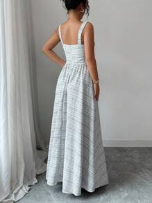 Selianne Sleeveless Square Neck Waist-Cinched A-Line Plaid Fabric Elegant Romantic Women Dress - Black and White - View 2