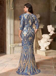 Aureia 加大码夏秋优雅浪漫华丽皇家蓝色圆领假深 V 领七分袖形状胸部不对称荷叶边修身鱼尾下摆加尾巴适合晚餐单身派对约会舞会假日婚礼活动返校厚重晚礼服婚礼宾客礼服 - 彩色 - 查看 2