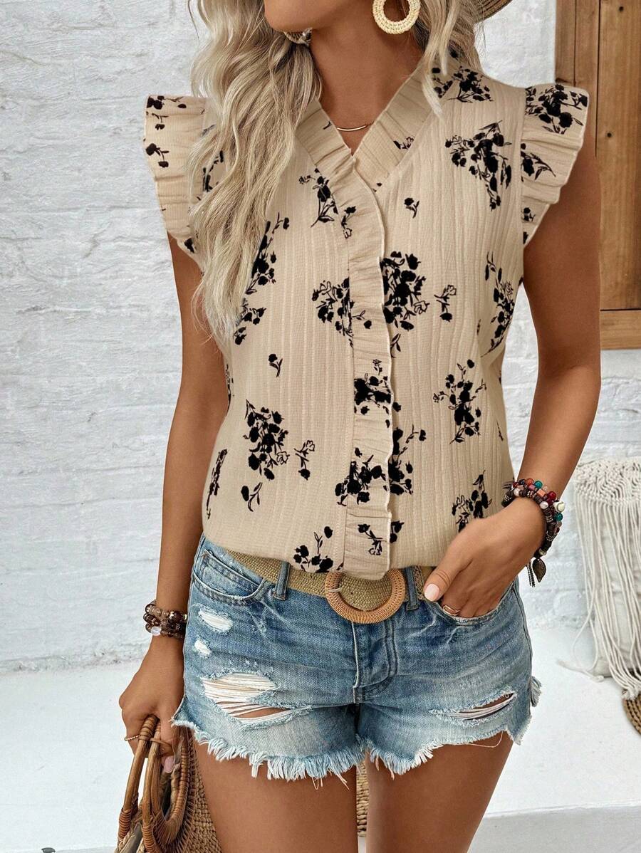 EMERY ROSE Casual Holiday Everyday V-Neck Floral & Wave Printed Ruffle Trim Ladies Shirt - Apricot - View 1