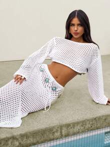 Bonvoyette 2 件套女士度假纯色长袖短款上衣和镂空下摆半身裙套装 - 白色 - 查看 1