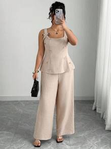 Elenzga Bộ 2 món/Bộ áo và quần trang trí nơ thường ngày mùa hè cỡ lớn cho nữ - Màu Khaki - Xem 1