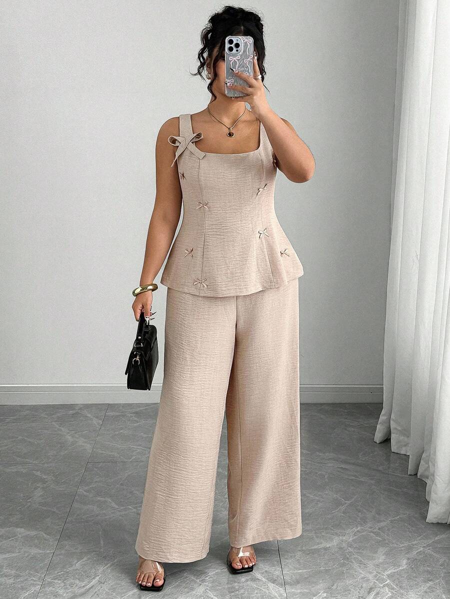 Elenzga Bộ 2 món/Bộ áo và quần trang trí nơ thường ngày mùa hè cỡ lớn cho nữ - Màu Khaki - Xem 1