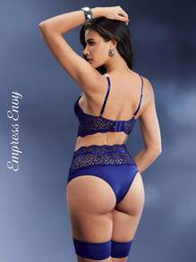4pcs Contrast Lace Underwire Garter Lingerie Set With Leg Ring - Royal Blue - View 2
