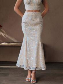 Savoree Gonna elegante e romantica color azzurro chiaro, con orlo a sirena, decorata con ricami floreali traforati e perline, vita aderente, adatta come gonna per invitati a matrimoni, gonna da favola, scollo spalle scoperte - celeste - Visualizzare 4