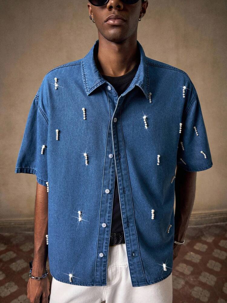 Men's Handmade Beaded Shirt, Vacation Party Casual Loose Fit Short Sleeve, Fashion Everyday Wear, Gift For Boyfriend/Teacher