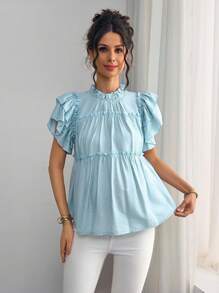Momance 荷叶边领口孕妇衬衫，双层短袖设计，多层荷叶边装饰孕妇上衣 - 淺藍色 - 查看 3