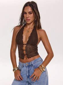 SHEIN BAE 女士纯色蕾丝拼布镂空露背短款背心，适合春夏季假期、约会、音乐节、音乐会、西部装、狂欢、性感上衣、外出 - 咖啡棕 - 查看 4