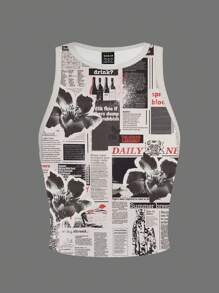 Slaydiva 2025 春夏 Y2K 街头潮流，拼贴报纸海报印花，花卉图案，休闲简约圆领紧身背心，女士夏季 - 彩色 - 查看 3