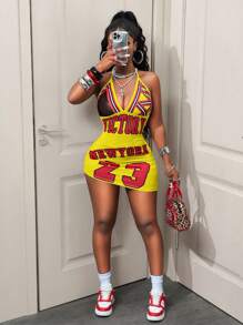 BamGleam 女式深V领字母印花紧身挂脖中长连衣裙