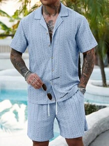 Manfinity RSRT 2 Pcs/Set Men's Solid Color Button-Down Hollow Shirt And Shorts Set, Vacation Solid Color Husband Casual Wear, Suitable For Vacation, Seaside Beach, Daily Leisure,Summer Wear Resort Wear Men Outfits For Men Men Shirt Co Ords, Cozy Outfits - Baby Blue - View 4
