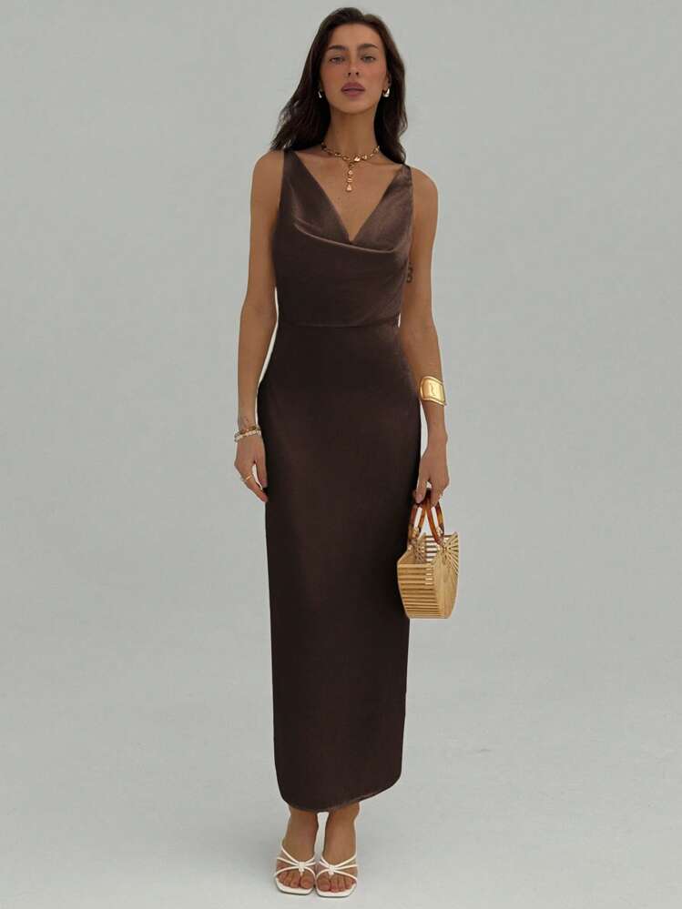 Aloruh Vestido de mujer de unicolor con escote profundo, espalda descubierta y sin mangas - Marrón - Añade 3