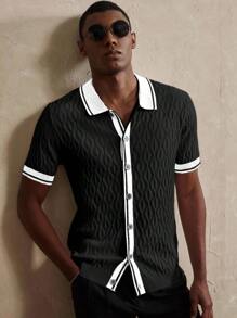 Manfinity Homme 休闲宽松简约拼色短袖男士针织毛衣 - 黑色 - 查看 3