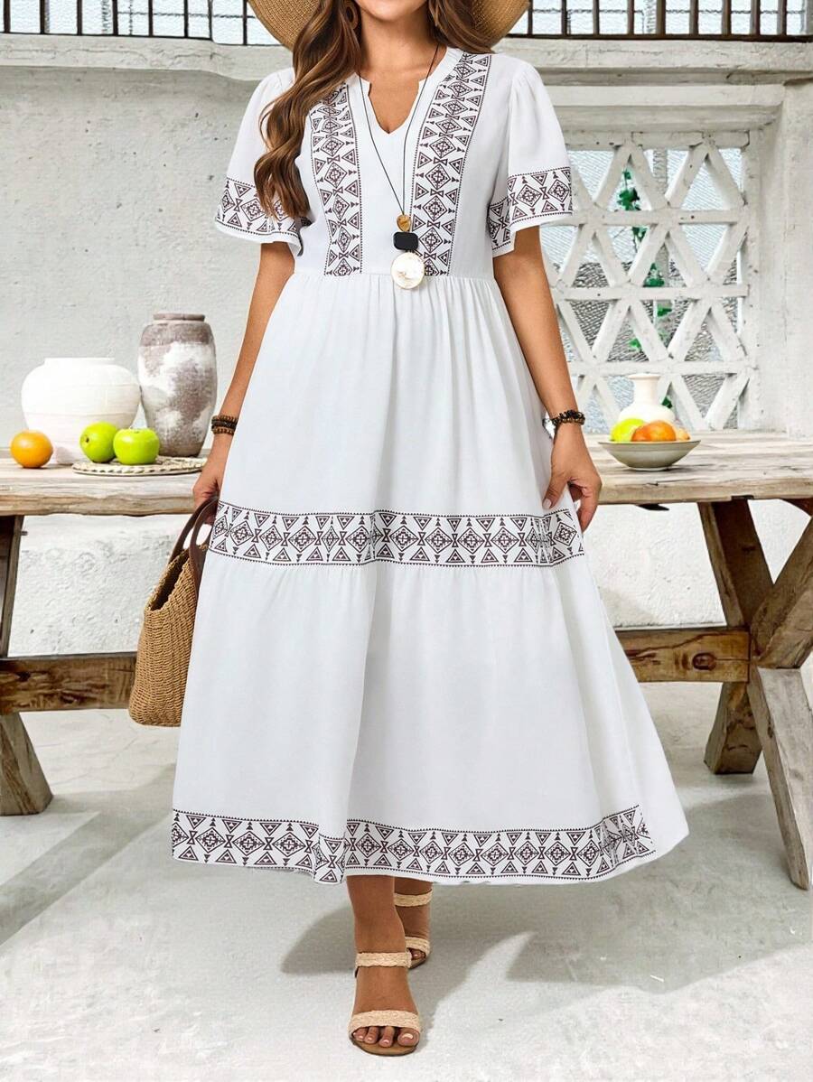 大码女式几何印花V领荷叶边短袖度假连衣裙 - 白色 - 查看 1