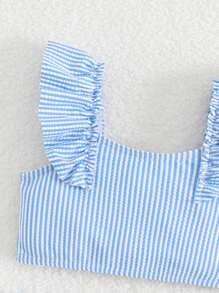 SHEIN Baby Girls' Simple Stripe Two-Piece Bikini Set, Ruffled Strap Swimsuit, Refreshing Summer Style - Multicolor - View 5
