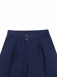 Manfinity Roghcode 男士黑色高腰百褶阔腿裤，腰带装饰，时尚百搭款式男士阔腿裤男士高腰裤海军蓝裤子男士束腰裤男士百褶裤，秋季 - 藏蓝色 - 查看 8