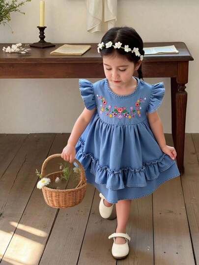 SHEIN Vintaside Kids Baby Girl Spring Rural Style Folk Flower Embroidery Detail Loose Denim Dress With Flutter Sleeves And Ruffle Trim